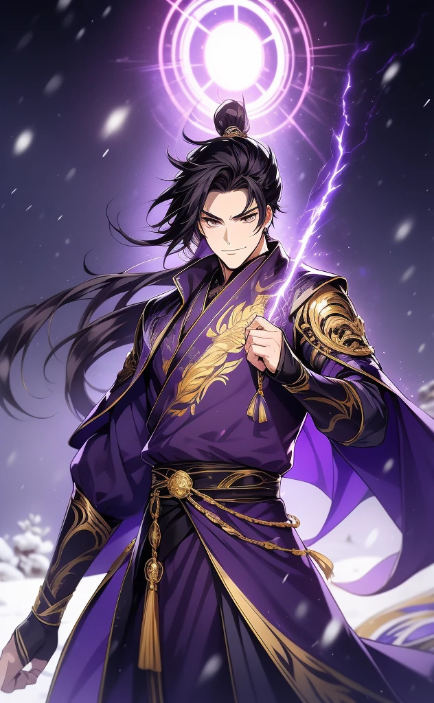 the only person, Libido boy, long black hair, golden eyes, purple martial arts uniform, fighting posture, purple aura, lightning effects, snowy background, snowy plain background, martial arts costumes, 1 man, intricate details, perfect generation, male, poncho, red magic vortex, perfect aura, proud, smiling,