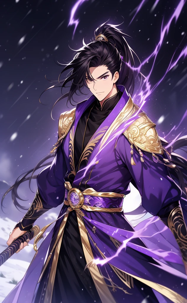 the only person, Libido boy, long black hair, golden eyes, purple martial arts uniform, fighting posture, purple aura, lightning effects, snowy background, snowy plain background, martial arts costumes, 1 man, intricate details, perfect generation, male, poncho, red magic vortex, perfect aura, proud, smiling,