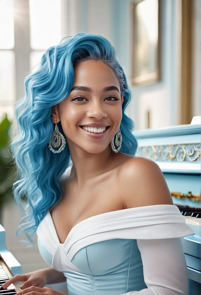 a beautiful smiling biracial woman, blue hair, light blue eyes, playing a white piano, large breasts, hoop earrings, extremely detailed body, (best quality,4k,8k,highres,masterpiece:1.2),ultra-detailed,(realistic,photorealistic,photo-realistic:1.37),intricate details,cinematic lighting,high contrast,vibrant colors,dynamic composition,ethereal,elegant,serene,portrait