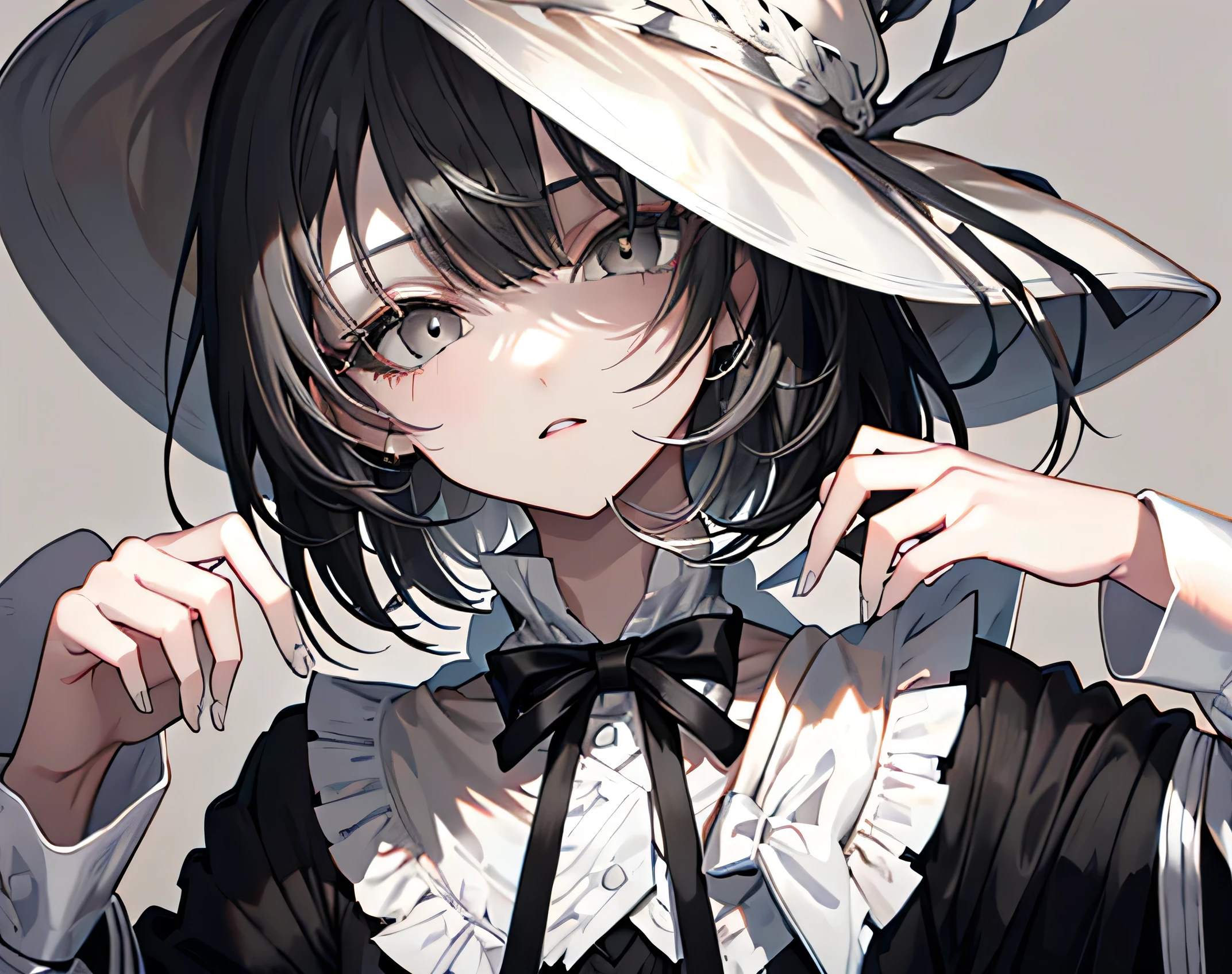 【Highest quality, Tabletop】 [girl, coat, Expressionless, Grey Eyes, Positive, Black short hair, suit, Upper Body、Black Hair] (Gray white background:1.7), Black tie, silk hat, Sexy Face, Beautiful Eyes、Black Hair、trimmed bangs、Black Hair