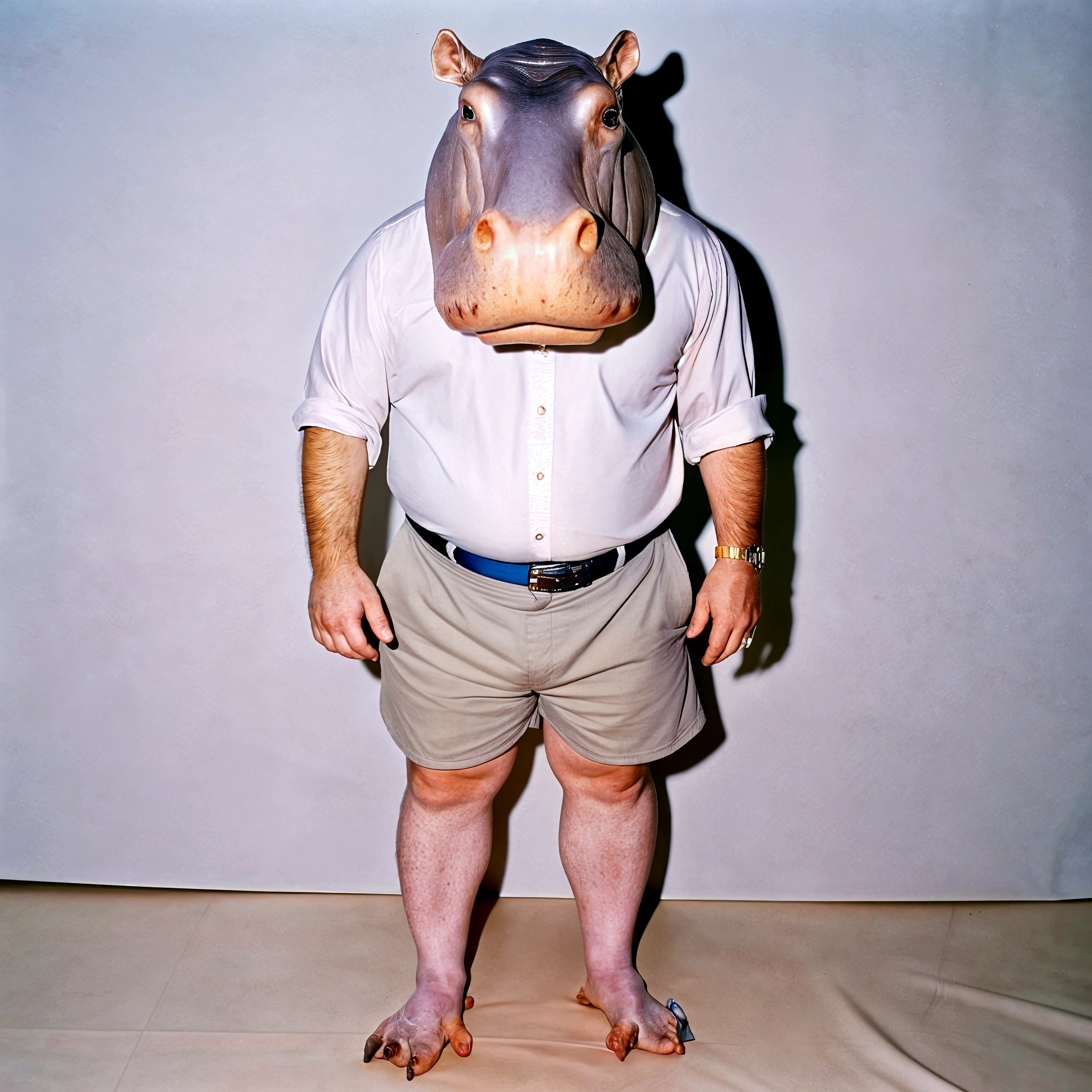 A very overweight, naked and hairy Neanderthal man walks sideways through a white room. The Neanderthal is seen from the side and the head and feet are fully depicted. It looks very realistic.