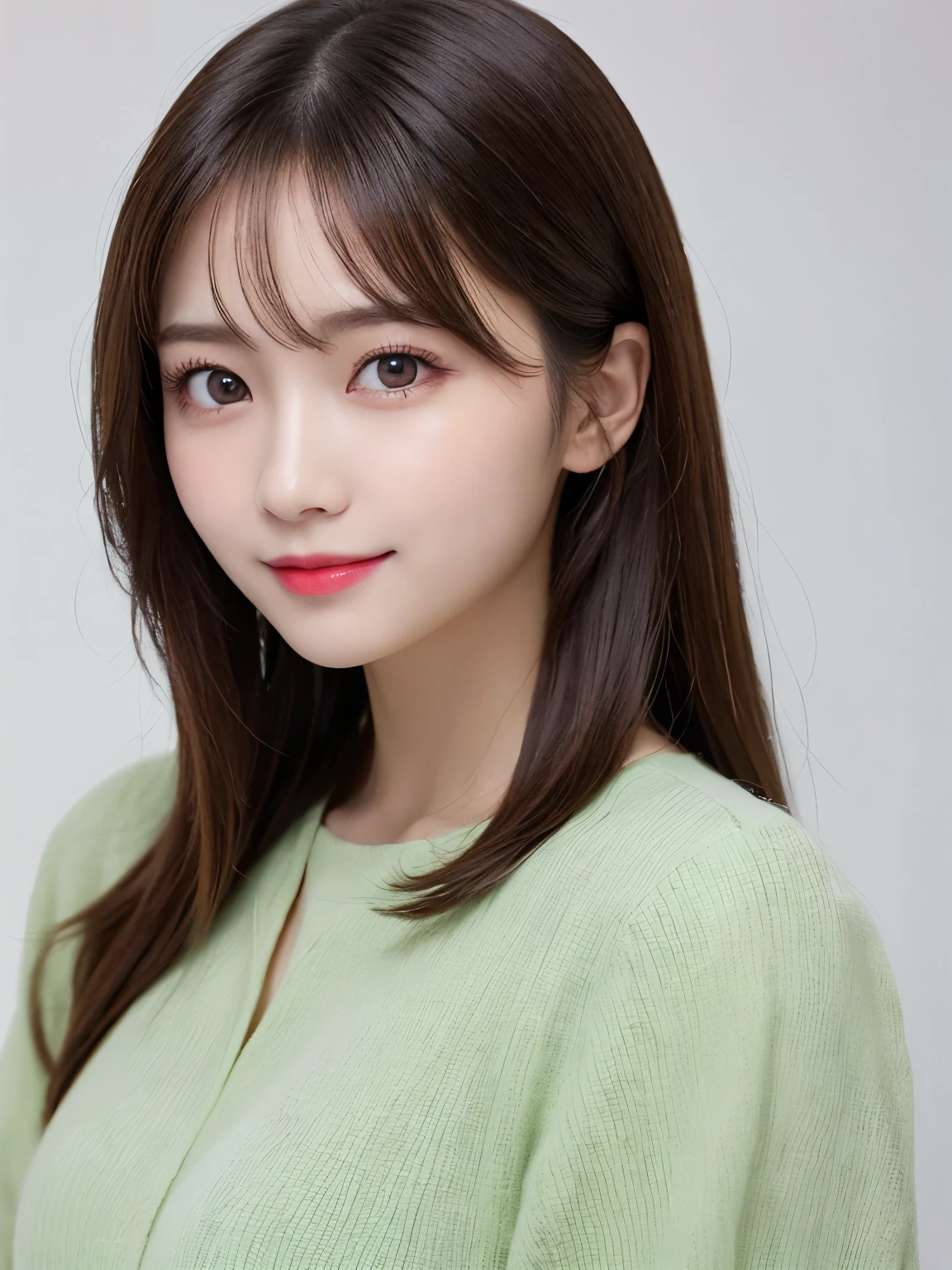 bust up photo, Shows everything from the top of the head to the bust, looks happy, highest quality, shape, Super detailed, finely, High resolution, 8k wallpaper, Perfect dynamic shape, beautiful and detailed eyes, D cup, natural color lip,smile、20 year old girl, Beautiful and dense face、perfect and beautiful face,Big eyes、real photos(best image quality), blouse (light green)、looking at camera、Please stand、Do gal makeup, white background