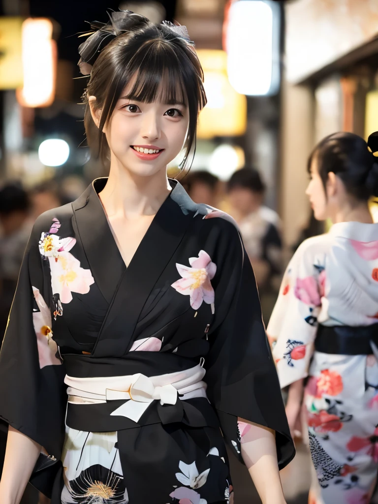 raw photo, 8k, (top-quality), Realistic, (real picture, Intricate details), (natural skin texture, detailed skin, hyper realism, sharpness), (pale skin:1.5), Japanese teenage girl walking in shopping street at night, exposing cleavage, (sexy floral black yukata:1.5), slender body, bun hairstyle, shy smile, blunt bangs, night time