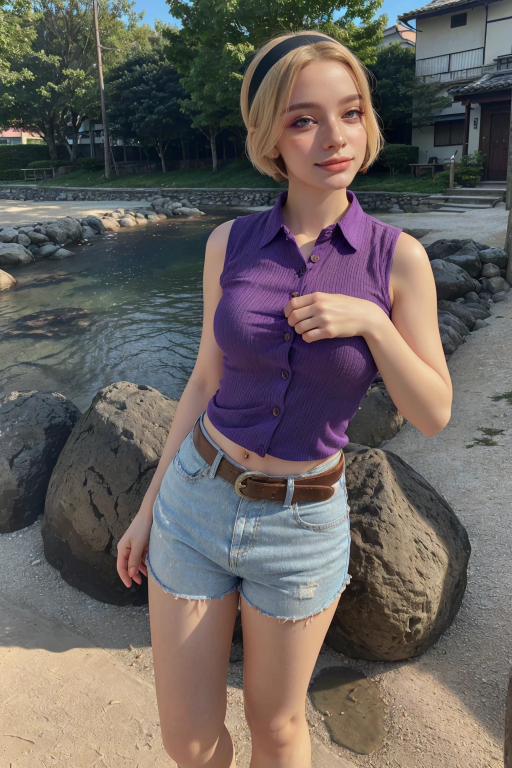1 woman, grown woman, woman in her 30s, tarankaaa, NOT DASHA TARAN, full body standing, perfect body, best quality, 32k, photograph, full body (head to toe), tone mapping, ((houjou satoko,short hair,black hairband,blonde hair,violet eyes,hair between eyes,collared shirt,sleeveless shirt,pink shirt,shirt tucked in,mid sized breasts,belt,short shorts,blue shorts,white socks,pink footwear, athletic, big woman)), asian-european, ((golden blonde hair, short hair, purple eyes)) perfectly drawn hands, ((masterpiece)), ((highres)), ((detailed background)), japanese village background, next to a river, (big proportions), cute pose, smiling, ((perfect eyes, detailed eyes, realistic eyes)), ((sharp face, detailed face, realistic face, natural skin, realistic skin, detailed skin, pores)),