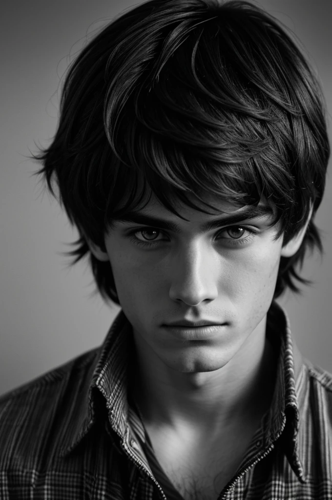 Model boy, cinematic light, extremely detailed, attractive boy with dark hair, black and white filter close up, messy bangs, pattern with a gray tone background