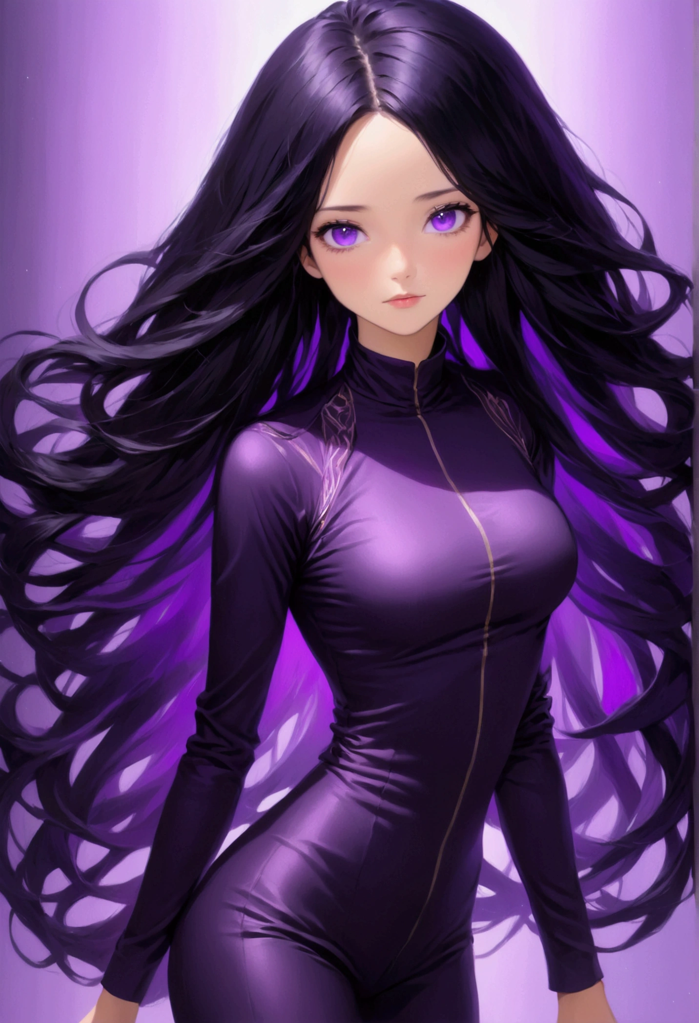 young woman with long, flowing black hair that has purple highlights. She has deep violet eyes and a serene expression.She has rectangular body figure and short body stature. She is wearing an elegant black outfit. 