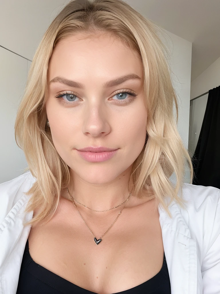 Femme blonde avec des très de visages fin 8k avec un soutif blanc, avec des seins de taille moyenne