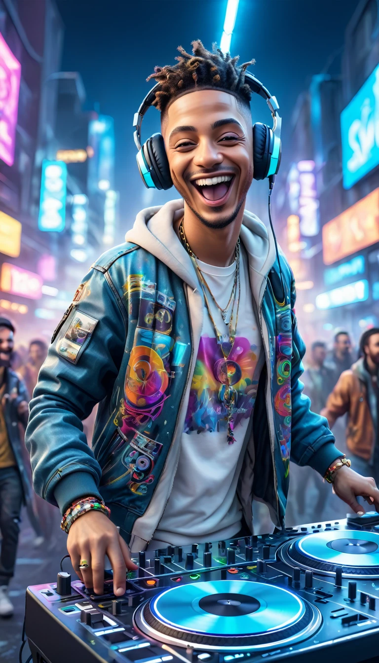 adult men dressed in urban clothes, on a white background, he is a disc jockey and is PLAYING and DANCING his music for a crowd and holographic signs, HAPPY on the road. are drinking and laughing, The background is modern and cyberpunk, high tech vibe. adorable digital painting, 3D rendering, bright lighting, swirly vibrant colors. adult people, pessoas bonitas, different faces.