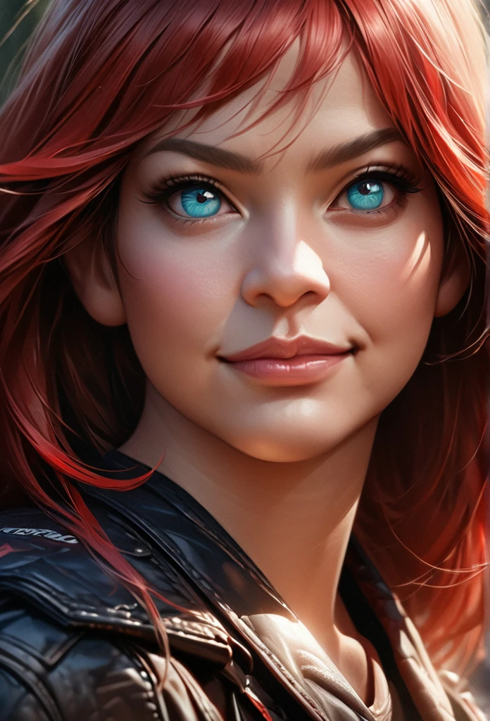 solo, 1 girl, beautiful detailed eyes, extremely detailed eyes and face, long eyelashes, long red hair, cyan eyes, smirk, wearing combat clothes, strong, (best quality,4k,8k,highres,masterpiece:1.2),ultra-detailed,(realistic,photorealistic,photo-realistic:1.37),vivid colors,portrait