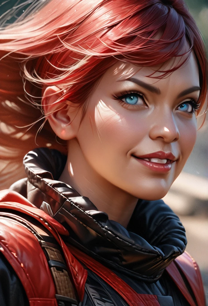 solo, 1 girl, beautiful detailed eyes, extremely detailed eyes and face, long eyelashes, long red hair, cyan eyes, smirk, wearing combat clothes, strong, (best quality,4k,8k,highres,masterpiece:1.2),ultra-detailed,(realistic,photorealistic,photo-realistic:1.37),vivid colors,portrait