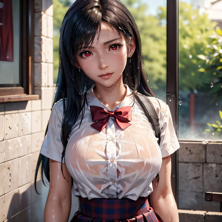 (masterpiece, best quality:1.2), in the bath , wet clothes, soaked, wet hair, wet skin, translucent, glistening with oil , dishevelled , solo, 1girl, school girl uniform , steam , plaid skirt , pleated skirt , The shirt is tight. , white shirt , school girl , red bow , red knot , highly detailed photo of Tifa Lockhart , red eyes, intricate, highres, 8k, detailed hair , wet and sweaty , wet white shirt , clothes were so wet that her breasts could be seen , Soak in water , big breasts