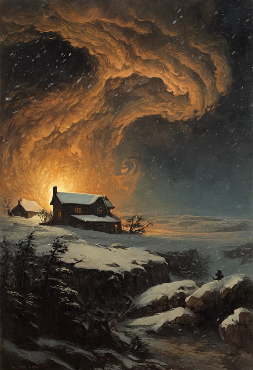 A storm with darkness covers the sky with swirling snow whirlwinds, then it howls like an ox, then it cries like a , digital painting, high quality the darkest and longest night of the year, style by Andrew Wyeth, Charlie Bowett, Albert Joseph Penaud, Dariusz Zawadzki. Tetsuya Ishida. Zdzislaw Beksinski. Patrizia Piccinini. Mark Powell. Ralph Blakelock, Ed Emshwiller, Marianne Wroten, (best quality, masterpiece 1.2) - ((best quality)), ((masterpiece)) (detail), 16k.
