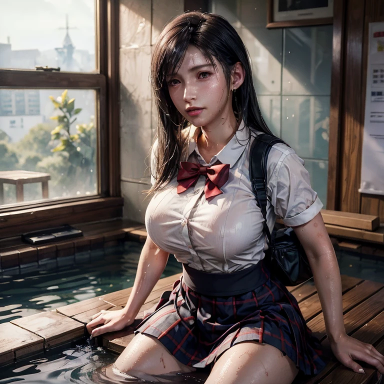 (masterpiece, best quality:1.2), in the bath , wet clothes, soaked, wet hair, wet skin, translucent, glistening with oil , dishevelled , solo, 1girl, school girl uniform , steam , plaid skirt , pleated skirt , The shirt is tight. , white shirt , school girl , red bow , red knot , highly detailed photo of Tifa Lockhart , red eyes, intricate, highres, 8k, detailed hair , wet and sweaty , wet white shirt , clothes were so wet that her breasts could be seen  , Nipples can be seen through , Soak in water , 