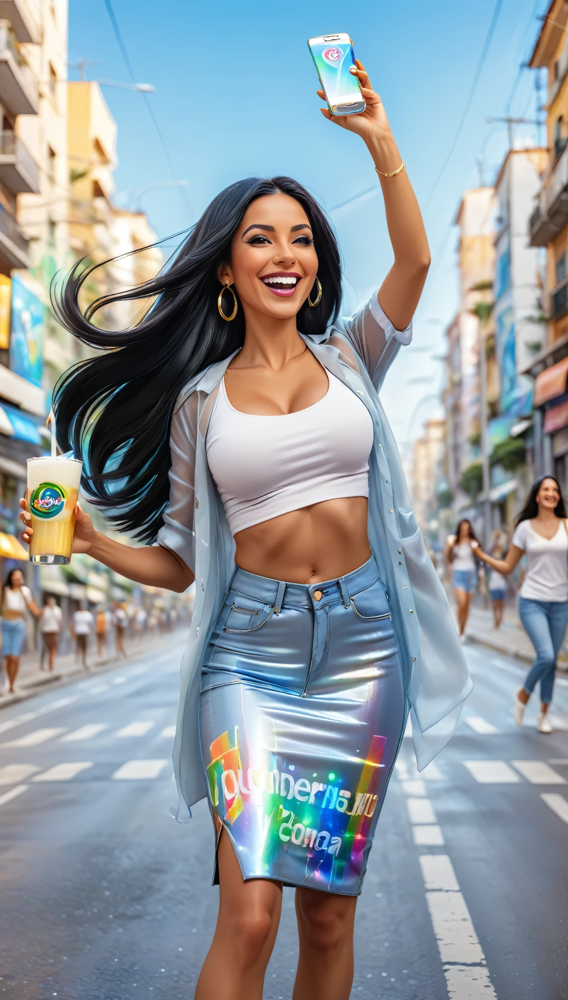 Adult women 35 years old with STRAIGHT and LONG BLACK HAIR, Brazilian, dressed in clothes, In an urban landscape and holographic signs、DANCING HAPPY. HANDS RAISED on the road. are drinking and laughing, The background is modern, high tech vibe. adorable digital painting, 3D rendering, bright lighting, Sophisticated Colors. adult people, pessoas bonitas, long and straight hair