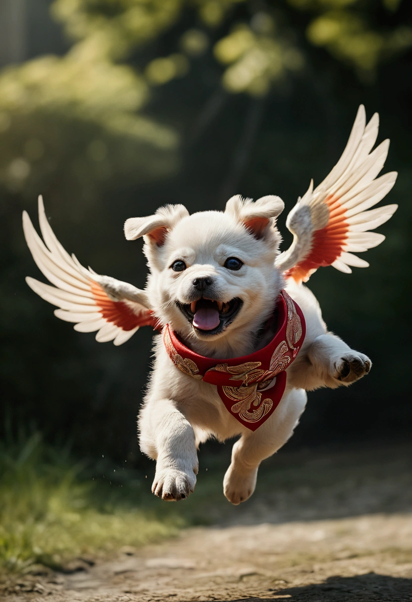 (Flying Puppy), motion blur, full body, award-winning, cinematic still, emotional, vignette, dynamic, vivid, (masterpiece, best quality, Professional, perfect composition, very aesthetic, absurdres, ultra-detailed, intricate details:1.3)​
