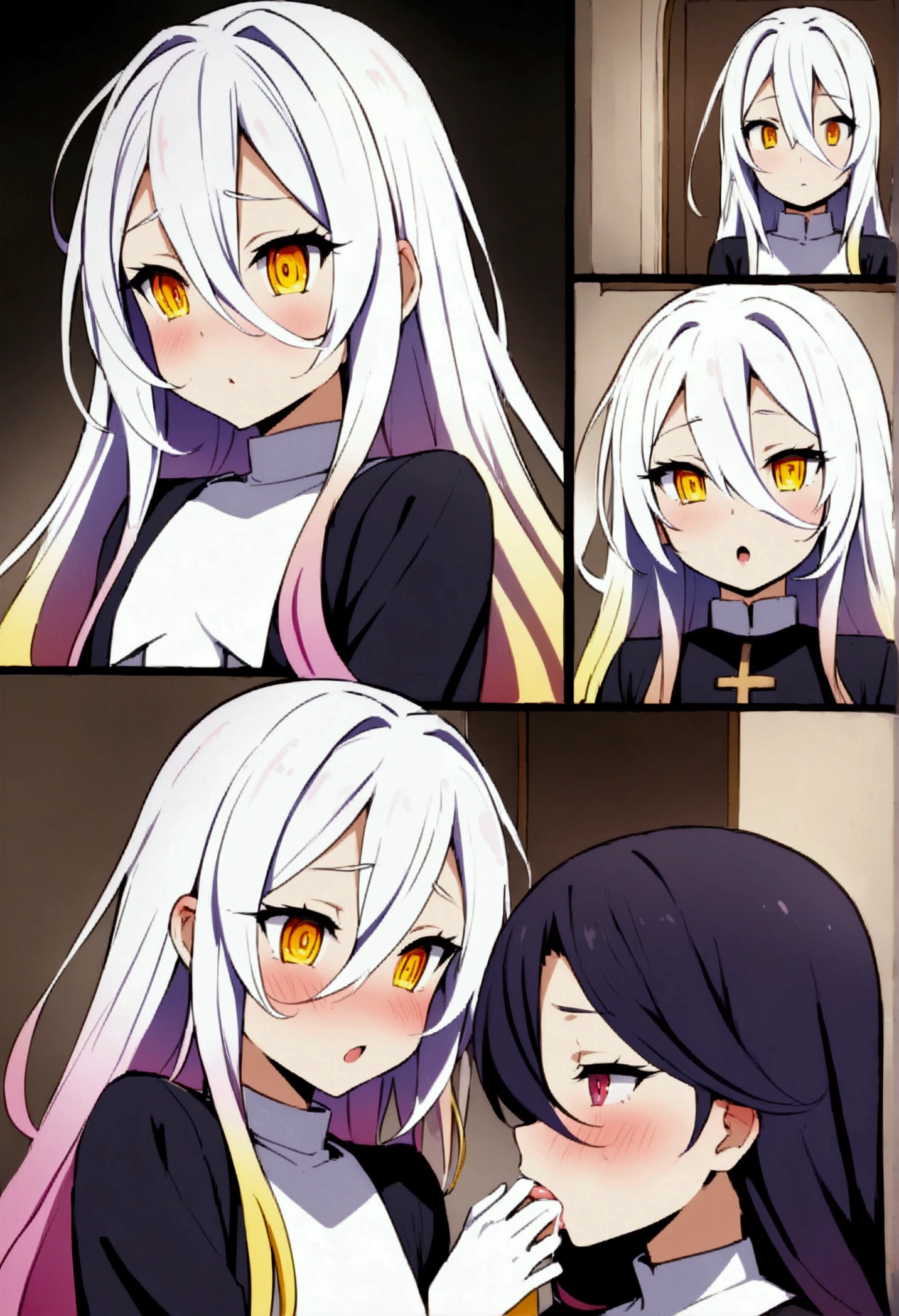 NSFW,masterpiece,Highest quality,High resolution,Very detailed,white\(no game No life\),Long Hair,Multicolored Hair,Hair between the eyes,Gradient Hair,Yellow Eyes,Flat Chest,Face in love,blush,(Nuns),(Monastic uniform),(Sister),church,(Confession Room),Small private room,(Middle-aged men),(Blowjob),(Bukkake)