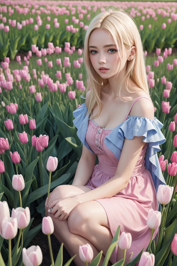 Woman with blonde hair and blue highlights, with a beautiful pink dress, in a field of tulips