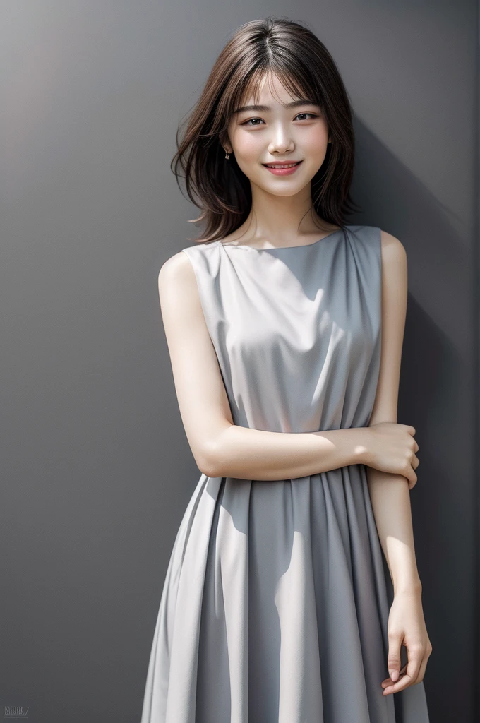 (Realistic), (Hyperrealism),Highest quality, masterpiece,Ultra-high resolution, (photoRealistic:1.4),One girl, Simple gray background, formal dress,
Upper Body,(Grin:0.7)