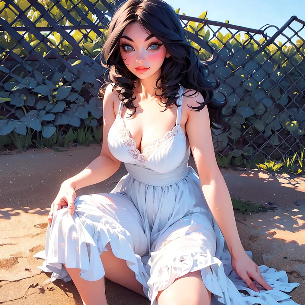 araffe woman in a white dress leaning on a fence, in style of petra collins, wearing a cute white dress, isabela moner, petra collins, :: madison beer, in a dress, soft devil queen madison beer, violet myers, wearing in a summer dress, pretty white dress, wearing white dress, lacey, charli bowater, sundress, white dress