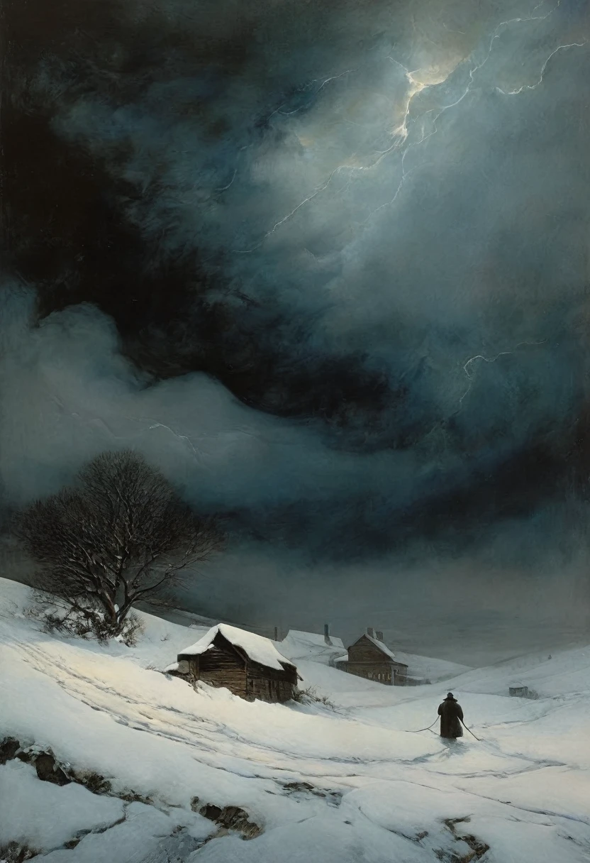 A storm with darkness covers the sky with swirling snow whirlwinds, then it howls like an ox, then it cries like a , digital painting, high quality the darkest and longest night of the year, style by Andrew Wyeth, Charlie Bowett, Albert Joseph Penaud, Dariusz Zawadzki. Tetsuya Ishida. Zdzislaw Beksinski. Patrizia Piccinini. Mark Powell. Ralph Blakelock, Ed Emshwiller, Marianne Wroten, (best quality, masterpiece 1.2) - ((best quality)), ((masterpiece)) (detail), 16k.
