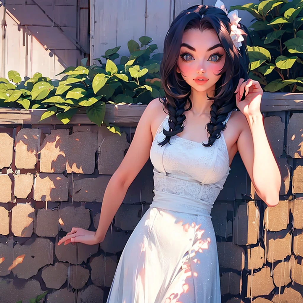 araffe woman in a white dress leaning on a fence, in style of petra collins, wearing a cute white dress, isabela moner, petra collins, :: madison beer, in a dress, soft devil queen madison beer, violet myers, wearing in a summer dress, pretty white dress, wearing white dress, lacey, charli bowater, sundress, white dress