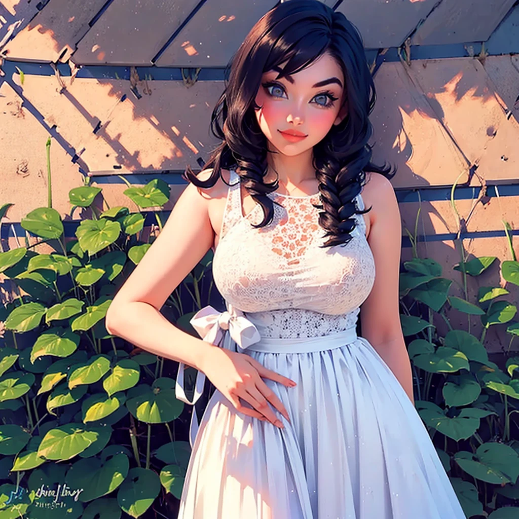 araffe woman in a white dress leaning on a fence, a picture by John Luke, tumblr, renaissance, in style of petra collins, wearing a cute white dress, isabela moner, petra collins, :: madison beer, in a dress, soft devil queen madison beer, violet myers, wearing in a summer dress, wearing white dress, pretty white dress, lacey