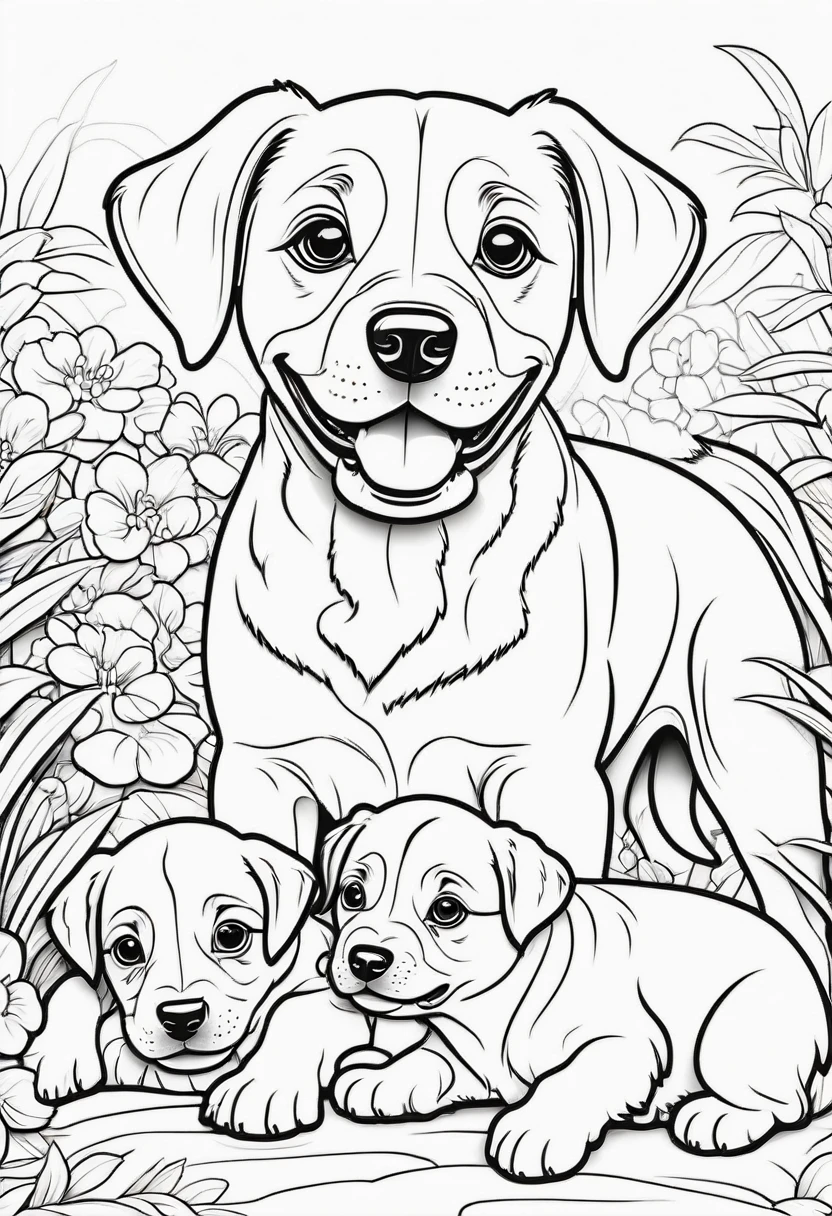 coloring page for kids, Dog with puppies, cartoon style, thick lines