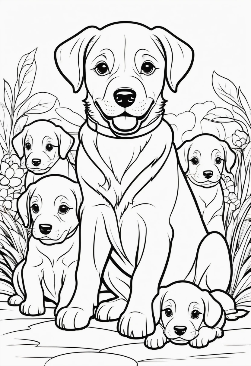 coloring page for , Dog with puppies, cartoon style, thick lines