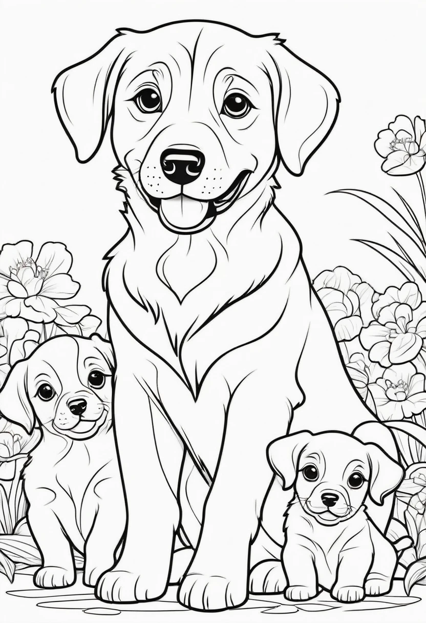 coloring page for kids, Dog with puppies, cartoon style, thick lines