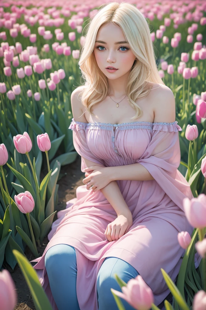 Blonde woman with blue highlights, with a beautiful pink dress, in a field of tulips.