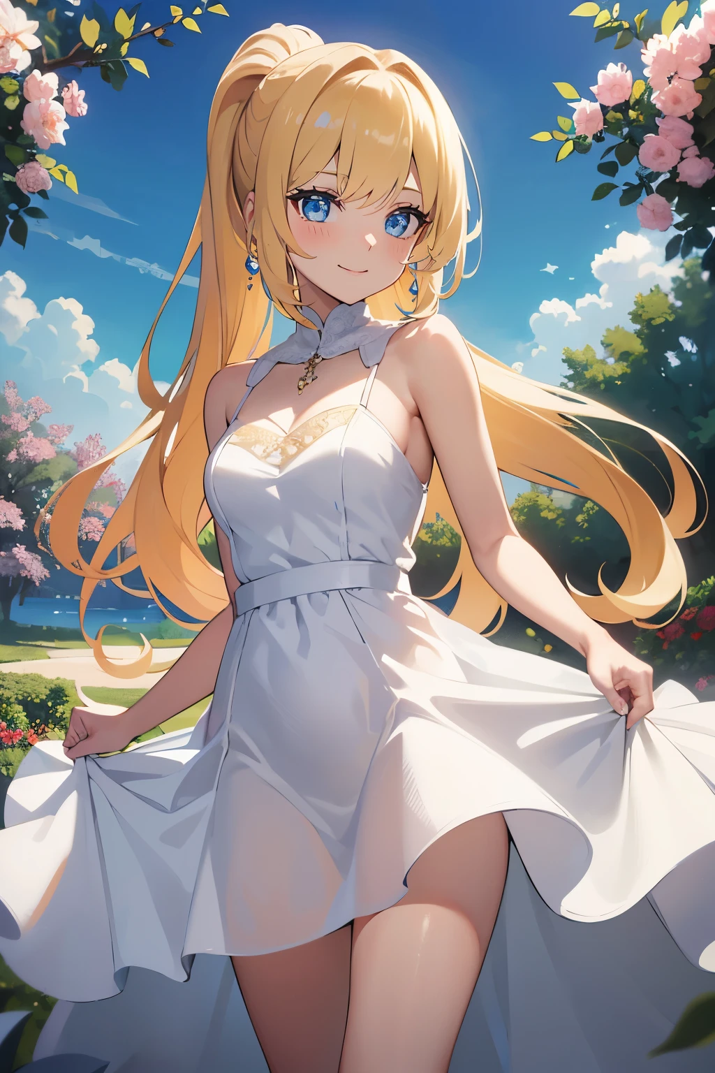 Safe for work, masterpiece, best quality, solo, 1 girl, facing forward, looking at camera, (young female body:1.4), ( medium small breasts), golden yellow hair, extra long hair, blunt bangs, crystal blue eyes, very detailed eyes, outside background, flowers, cozy background, ponytail, standing, leaning forward, white dress, long dress, poofy white dress, silver details, sundress beautiful goddess, elegant
