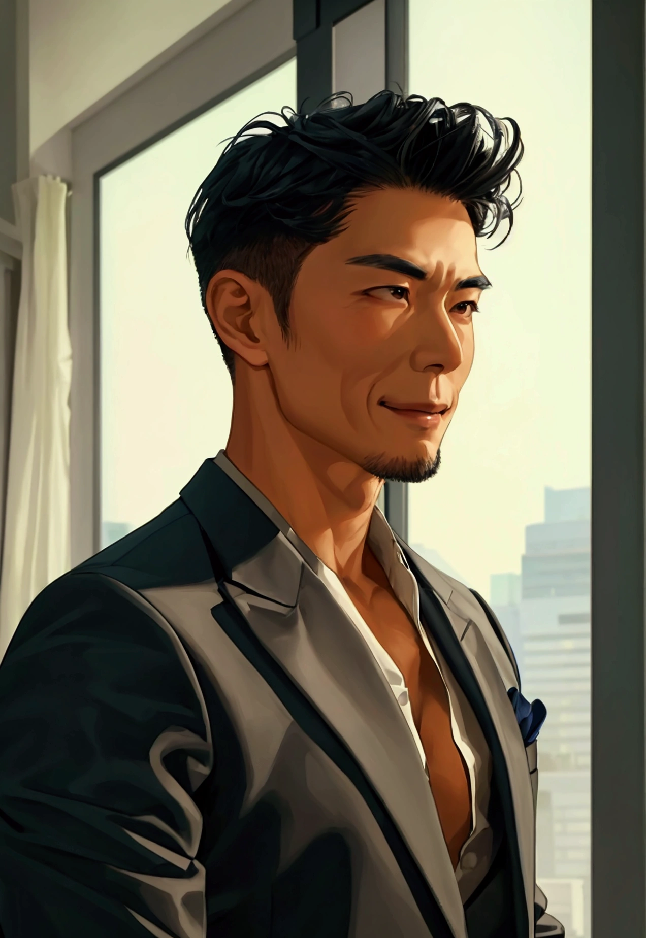 A distinguished, muscular and toned, middle-aged, Korean man with a warm smile, standing in a modern, elegantly furnished apartment in Seoul, South Korea. He has short, neatly styled black hair, and wears a tailored suit with an open-collar shirt, exuding both professionalism and approachability.