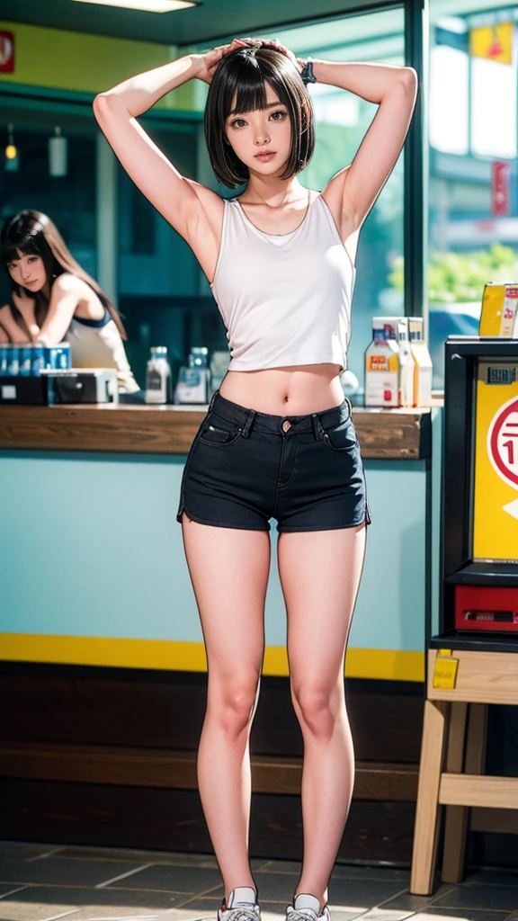 (8k, RAW Photos, 最high quality, masterpiece:1.2), high qualityのRAWカラー写真, Professional photo shoot, Cinematic Light, alone, ((Raise your arms:1.2, Show your armpits:1.3)), ((13-year-old girl)), (Sharp features), (Small face), (Skin with attention to detail:1.2), (Very slim:1.4, Thin arms), clavicle, Cute Face, Beautiful appearance, (Black Hair, Bobcut), Tank top, Short spats, sneakers, Capture the happy moment, Artistic painting,((Long legs:1.3, Thin thighs:1.3)), (Very nice touch:1.2), Peaceful atmosphere, Bright colors, (Are standing:1.5, Inside a convenience store, Full body portrait), Smooth texture, Gazing Eyes, Beautiful Skin, Glowing Skin, ((Perfect Fingers, Five Fingers, Anatomically correct)), Background Blur, high quality, Surreal, ((Very detailed, photo shoot)),blush、Black Hair
