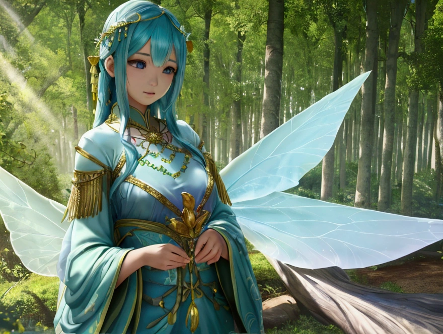 Absurd、4K、Full HD、masterpiece、Highest quality、Super detailed、beautiful、Extremely detailed、Fairy Girl、、happiness、Lean on、In the woods、Photorealistic、Hyper-realistic photography、3D Rendering、 3D Model、Concept Art、Main artwork、Medium Shot、dappled sunlight、Dramatic lighting、beautiful顔の描写 ,(Exquisite costume details: 1.3),Mysterious Forest,A magical light-filled space,10 years old,, (Natural skin texture:1.2), (Hyperrealism:1.2),Fairy Wings