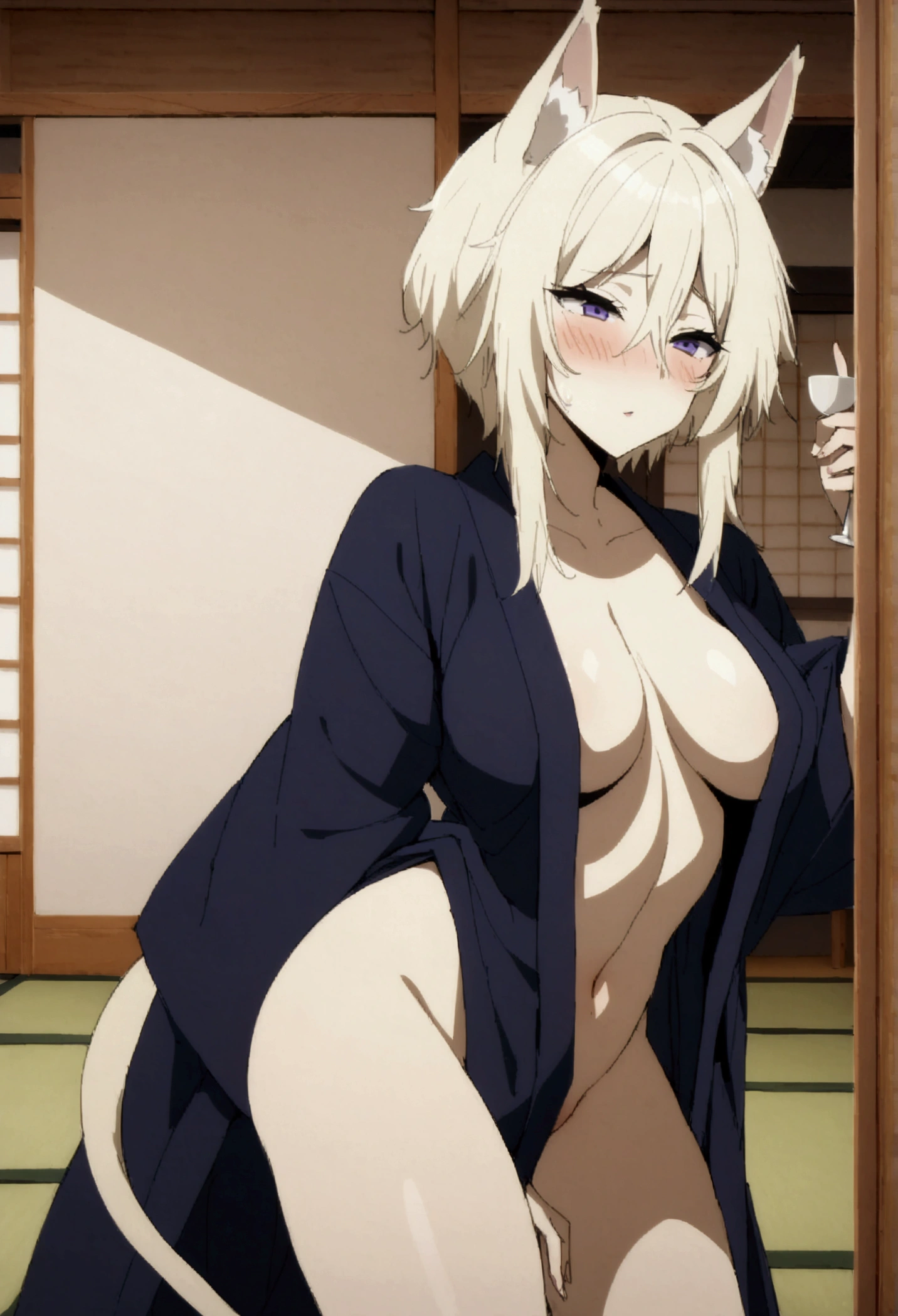NSFW,masterpiece,Highest quality,High resolution,Very detailed,Zeta\(I want to be a powerful figure behind the scenes！\),Zeta,Animal ears、Purple Eyes,tail,Blonde,short hair,Gorgeous navy blue yukata,Cleavage,blush,Drunk,expectant face,Alluring face,Intoxication,(Estrus),sake,Luxurious Japanese-style room,inn,futon,tatami,Shoji screen,moonlight,Sexy pose,Seduce,(Masturbation)