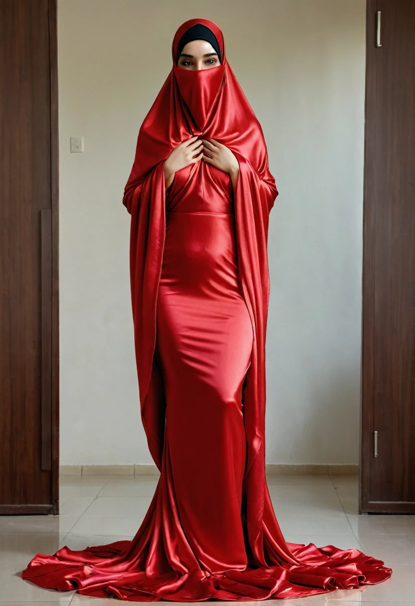 a sexy a woman covered in large red satin cloth, tied tightly with the satin cloth, mummified, the satin hanging down very long, a mermaid style dress, wearing a satin hijab, the satin cloth is very long, forming the curve of the body, flowy satin about 4 meter,full body,masterpice, 4k resolution, ultra-realistic, highly detail.