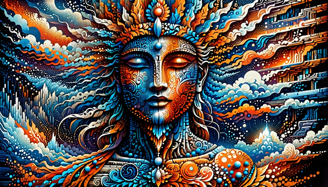 Create a woodcut style image digital art surreal art that depicts a mystical figure with divine characteristics, the figure is one chosen by the gods of spirituality,energy leaving your body, Use a vibrant color palette, including blue, oranges and whites, to create heavenly contrast and a stunning visual effect