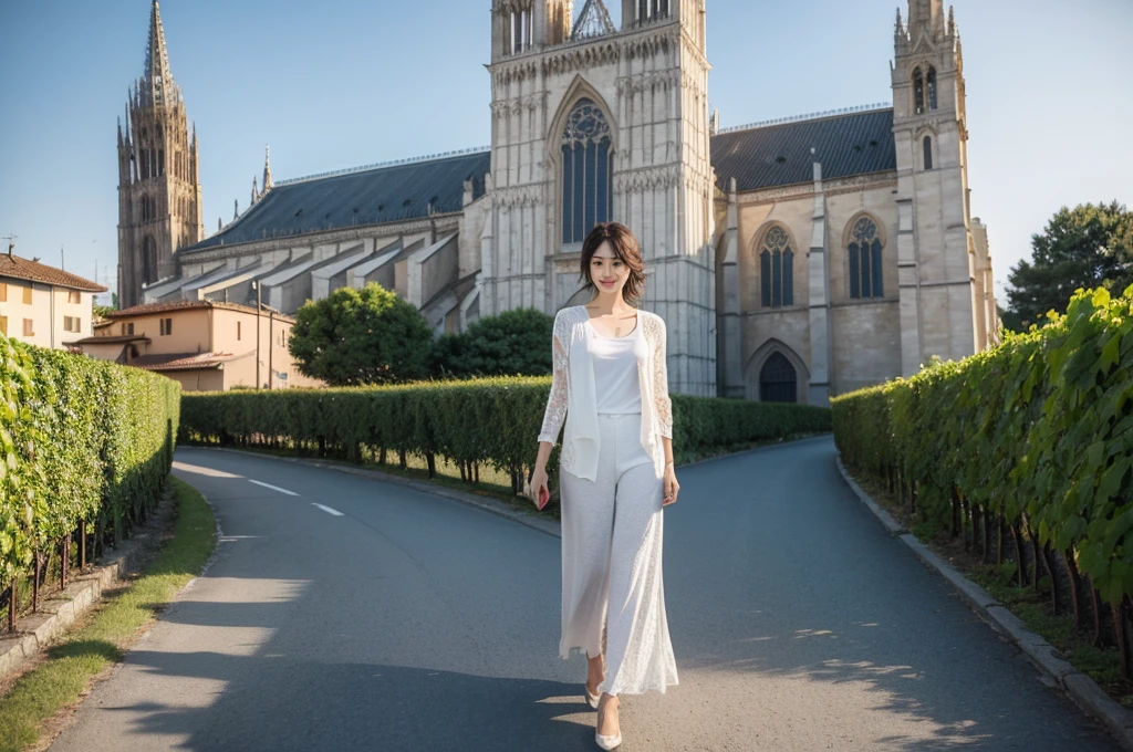 8k best picture quality, Beautiful 36-year-old Korean woman, Sunny weather in northern Italy, View of the cathedral next to the vineyards, The back background is realistic and vivid quality., short medium hair, A luxury brand white T-shirt that covers the chest and a high-quality short cardigan., Wear casual pants, Smile slightly. the background is clear, looking up at the front camera. walking on a path, Dress modestly, Well-groomed hair, Wide angle lens full body shot, 1 woman,The cathedral is visible in the distance