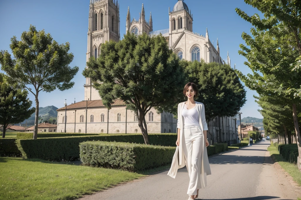 8k best picture quality, Beautiful 36-year-old Korean woman, Sunny weather in northern Italy, View of the cathedral next to the vineyards, The back background is realistic and vivid quality., short medium hair, A luxury brand white T-shirt that covers the chest and a high-quality short cardigan., Wear casual pants, Smile slightly. the background is clear, looking up at the front camera. walking on a path, Dress modestly, Well-groomed hair, Wide angle lens full body shot, 1 woman,The cathedral is visible in the distance