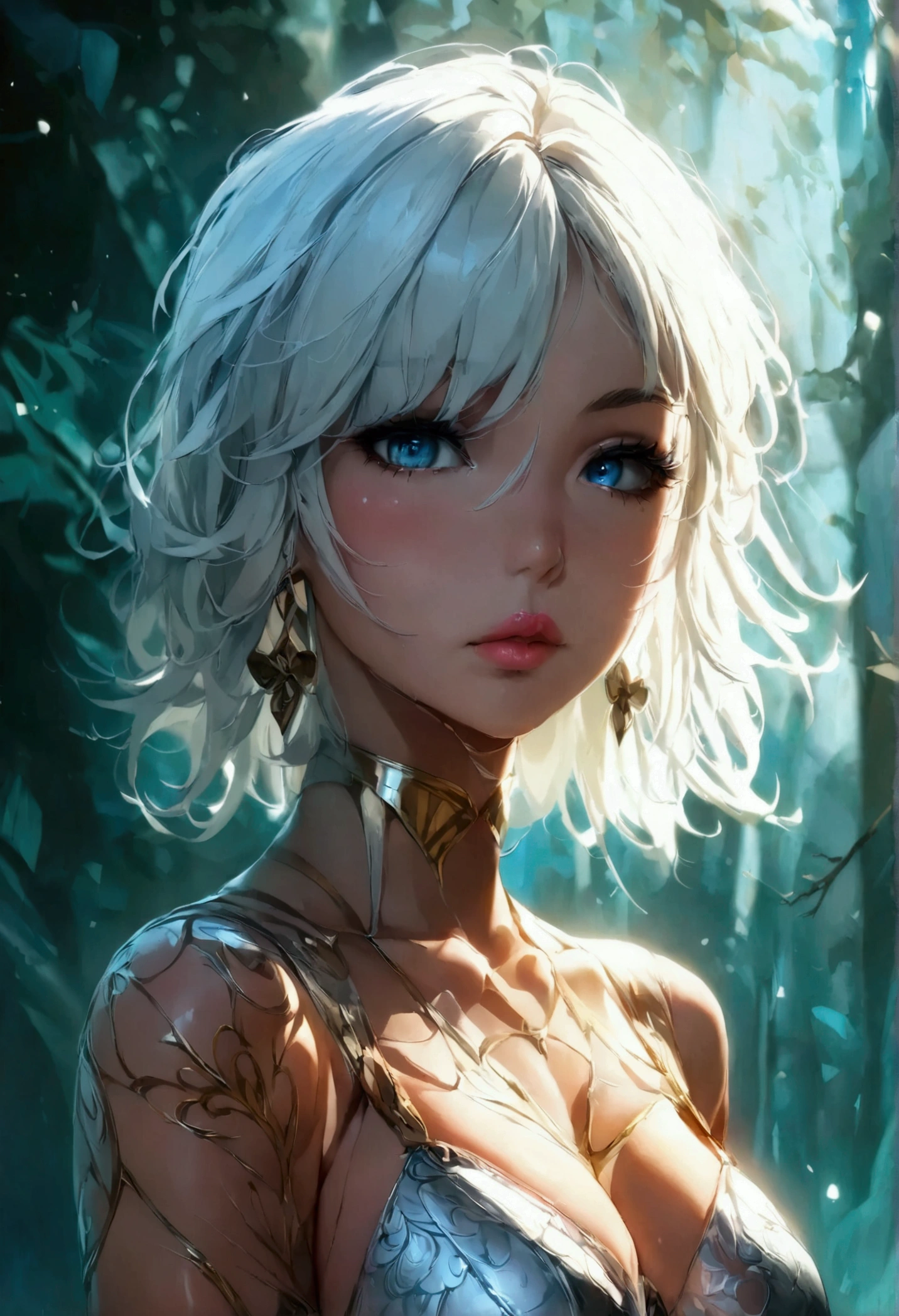 a beautiful detailed anime girl, mid 20s, white hair in a bob cut, very tall and slim figure, large breasts, ice blue eyes, pale porcelain skin, full pink lips, tight shapely ass, wearing a short silver metallic dress, intricate details, 8k, digital art, masterpiece, cinematic lighting, dramatic lighting, glowing skin, dynamic pose, flawless skin, high fashion, elegant, mysterious, alluring, sensual