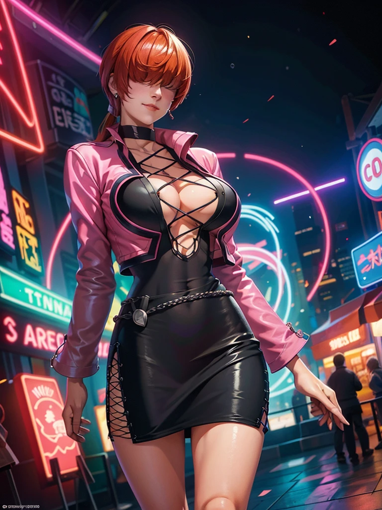 (at night), in a video game scene with a neon background and a neon light, standing at attention, pink suit, pink jacket, choker, neckline, cut of clothing, earrings, has long bangs in her hair that covers eyes ((hair over eyes)), 1 girl, 20 years old, young woman, beautiful finger, beautiful long legs, beautiful body, beautiful nose, beautiful character design, perfect face, looking at the viewer (focusing on her face) , closed mouth, Light_Smile, official art, extremely detailed CG unity 8k wallpaper, perfect lighting, bright and colorful front lighting, glowing skin, (masterpiece: 1.0), (best_quality: 1.0), ultra high resolution, 4K, photography ultra detailed, 8K, HDR, high resolution, absurdities:1.2, Kodak portra 400, film grain, blurred background, bokeh:1.2, lens flare, (vibrant_color:1.2), professional photography, (Beautiful, breasts: 1.4), (beautiful_face: 1.5 ), (narrow waist),