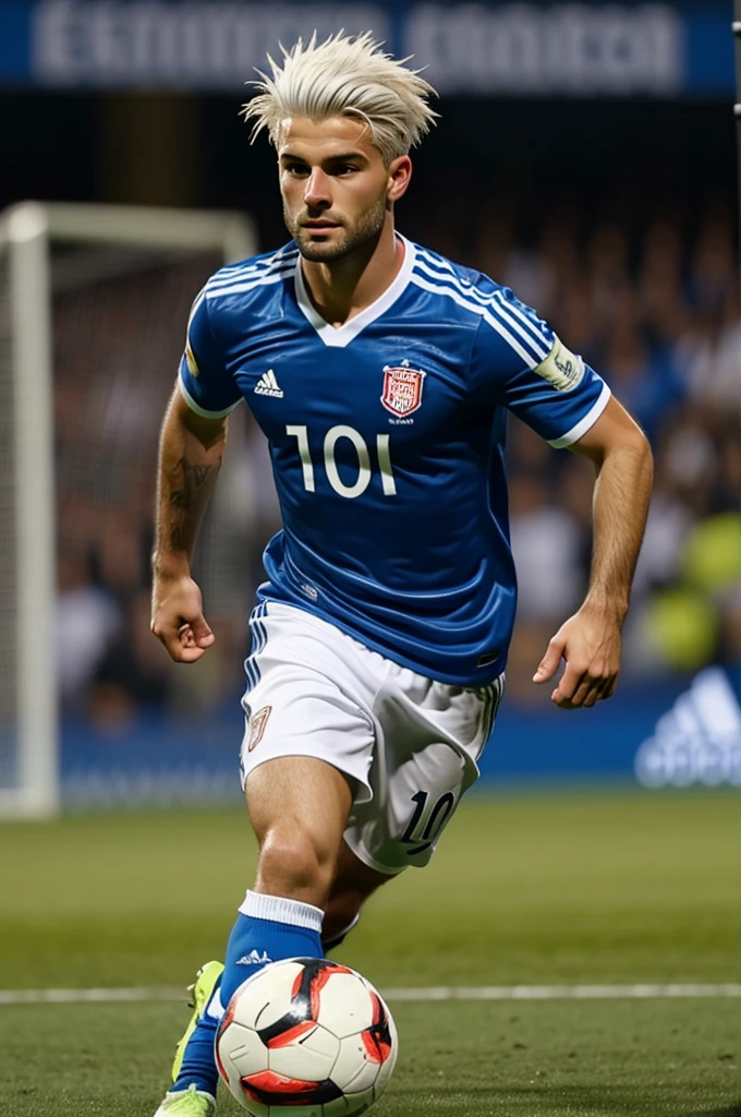 Handsome and realistic soccer player with white hair