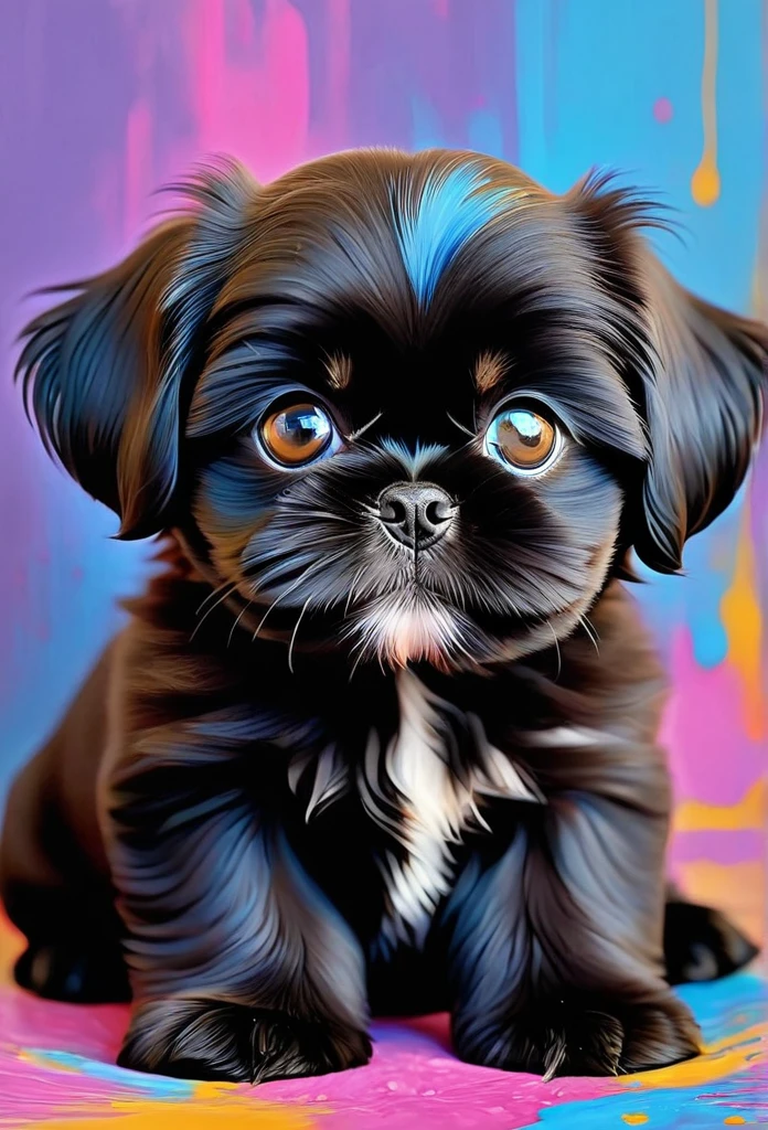 2 adorable tiny black Shih Tzu puppies with big bright blue eyes painting, happy, playful, covered in bright color paint, paint pawprints in back ground