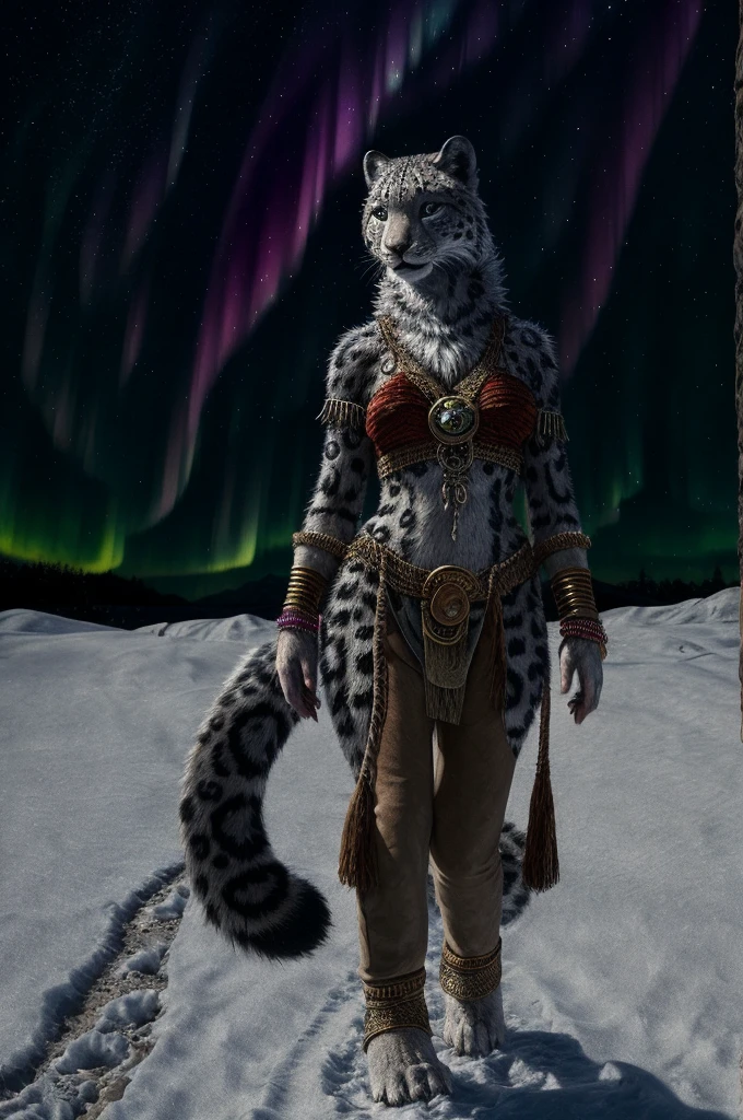Snow Leopard, Humanity, furry, woman, woman, fur, detailed fur masterpiece, Highest quality, Digital Art, (Realistic:0.3), comics, Fine Lines, High resolution, Visually stunning (Detailed lighting, Depth of written boundary:0.9), Detailed Color, Vibrant colors, perfect hands, Fine hand (beautiful, cute, fluffy:1.2), Detailed body,One girl,Standing on the snow,whole body,smile,nature, Tribal accessories, Tribal costume, Colorful aurora borealis,Night
