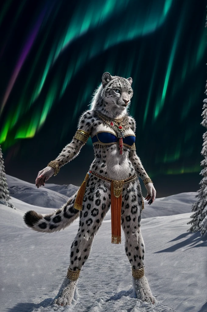 Snow Leopard, Humanity, furry, woman, woman, fur, detailed fur masterpiece, Highest quality, Digital Art, (Realistic:0.3), comics, Fine Lines, High resolution, Visually stunning (Detailed lighting, Depth of written boundary:0.9), Detailed Color, Vibrant colors, perfect hands, Fine hand (beautiful, cute, fluffy:1.2), Detailed body,One girl,Standing on the snow,whole body,smile,nature, Tribal accessories, Tribal costume, Colorful aurora borealis,Night