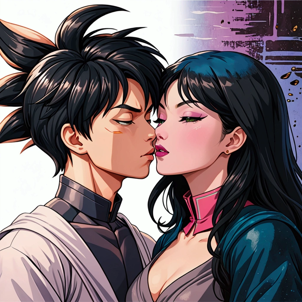 ((masterpiece)) ((Best Quality)) ((a boy a girl, hugged)) ((They kiss)) ((Better resolution)) ((nudes)) Black Goku Lady Shiva