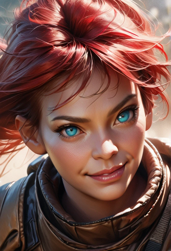 solo, 1 girl, beautiful detailed eyes, extremely detailed eyes and face, long eyelashes, long red hair, cyan eyes, smirk, wearing combat clothes, strong, (best quality,4k,8k,highres,masterpiece:1.2),ultra-detailed,(realistic,photorealistic,photo-realistic:1.37),vivid colors,portrait, anime style, anime