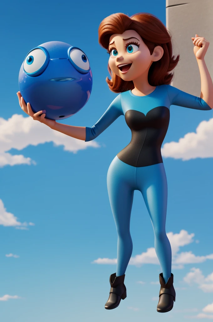 I want an image of a character from Pixar's Fun Mind with gray hair green eyes orange clothes purple shoes with glitter