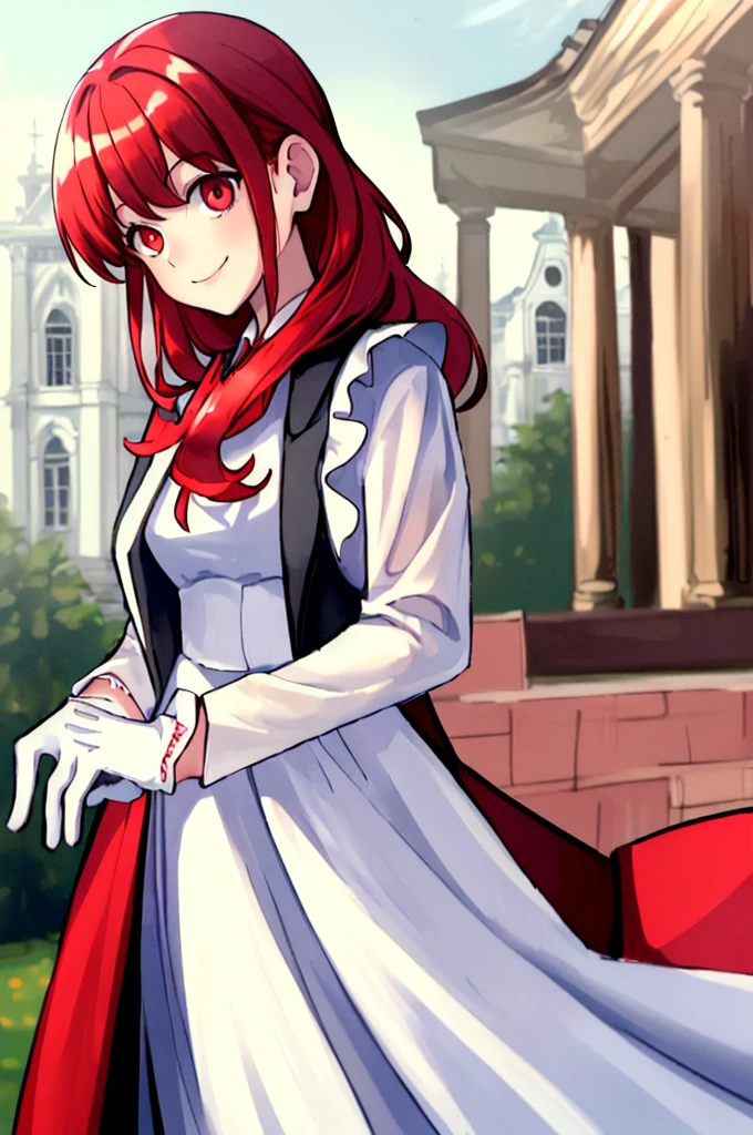 ((masterpiece,Best Quality)),8K Wallpaper,1 girl, by the wide, Red hair, Alone, dress, Red eyes, looking at the viewer, long sleeves, standing, building, white dress, gloves, hair ornament, black jacket, smile, by the floating, dutch angle, Closed mouth, looking away, outdoor