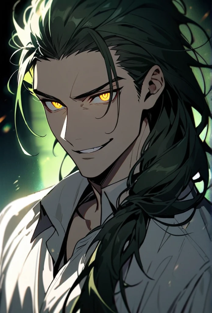 Handsome, solo, 1 man, dark green hair, yellow eyes, 1 man, handsome, male, long hair, detailed, Hair Slicked Back, Messy Hair, Hair Over Shoulder, Glowing Light, Bright Pupils, Smirk, Wide-Eyed, Evil Smile, Amber Eyes,